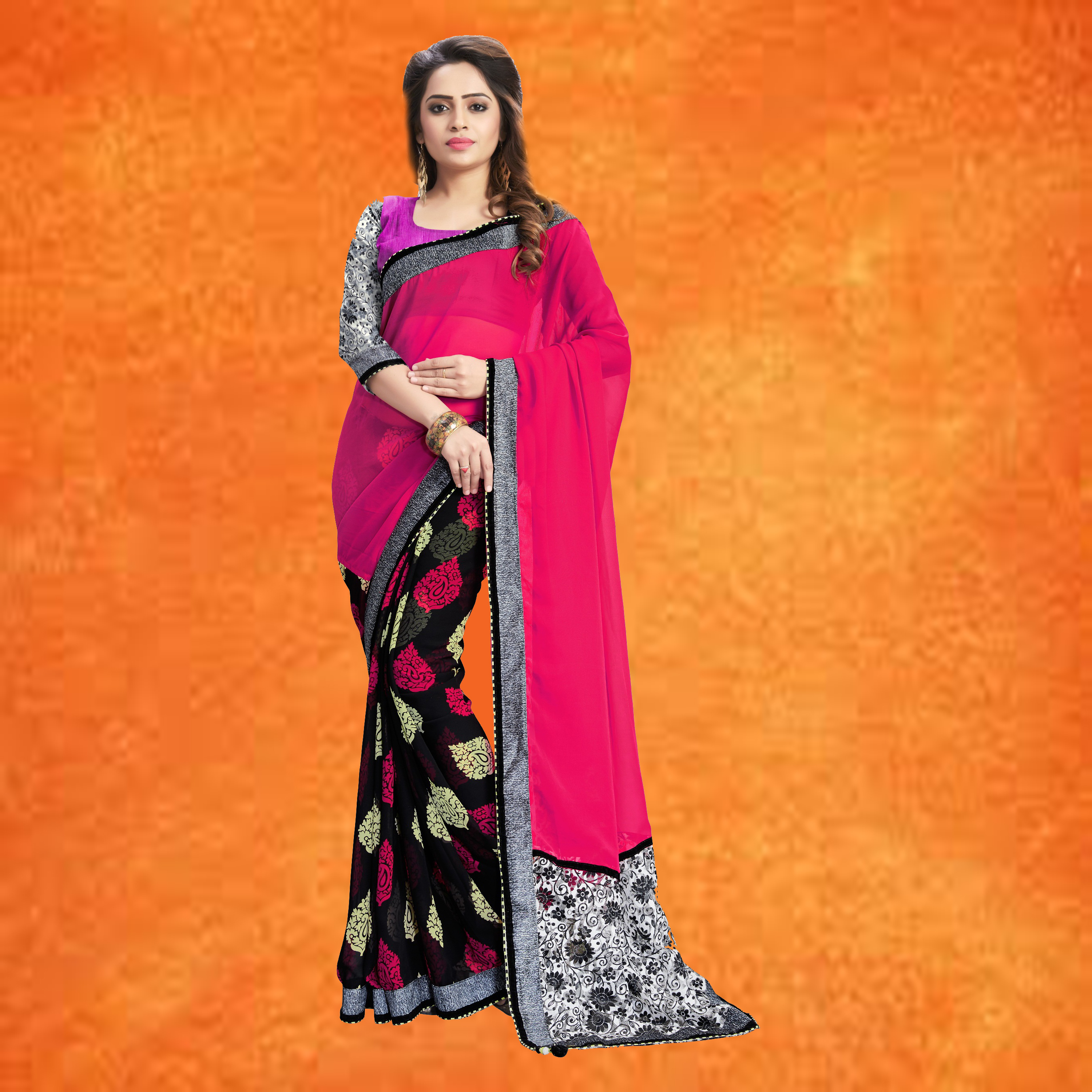 Georgette Printed Saree - Elegant Pink & Grey Design | Includes Matching Crepe Blouse Piece, Suitable For All Seasons