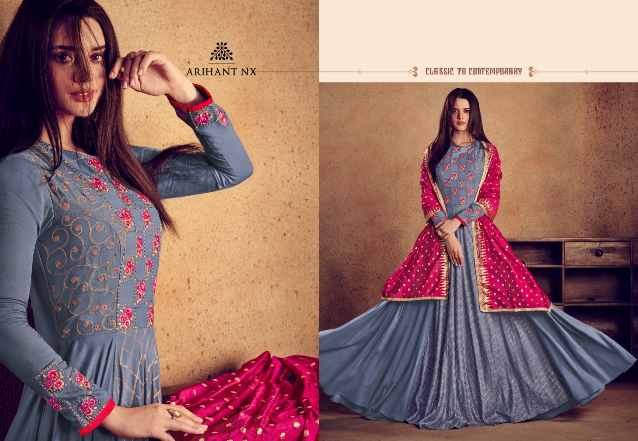 Arihant Designer Salwar Suits - Heavy 14 Kg Rayon Inner, Xxl Size, Blue Color, Full Sleeves, Embroidered Handwork, Season: Winter - Includes Sen Cotton Dupatta With Nylon Silk Foil