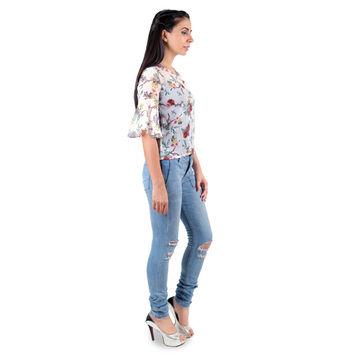Printed White Top - Cotton Blend, Multiple Sizes, White | Stylish Design, Comfortable Fit, Floral Print, 3/4 Sleeves, Summer Wear