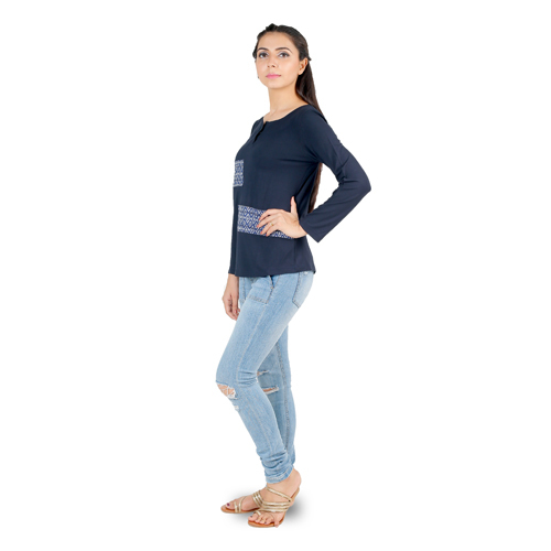 Printed Patchwork Navy Top