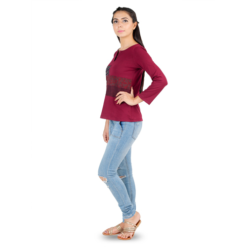Printed Patchwork Rosewood Top - Cotton, S-xl, Maroon | Full Sleeves, Colorfast, Easy Wash