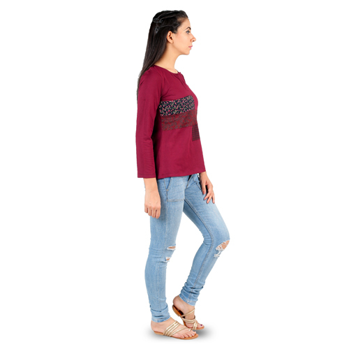 Printed Patchwork Rosewood Top - Cotton, S-xl, Maroon | Full Sleeves, Colorfast, Easy Wash