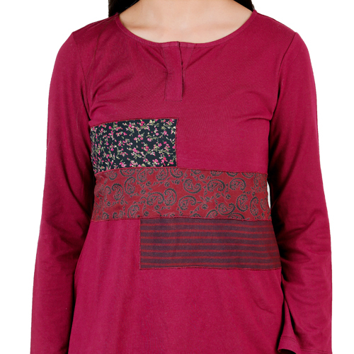 Printed Patchwork Rosewood Top - Cotton, S-xl, Maroon | Full Sleeves, Colorfast, Easy Wash