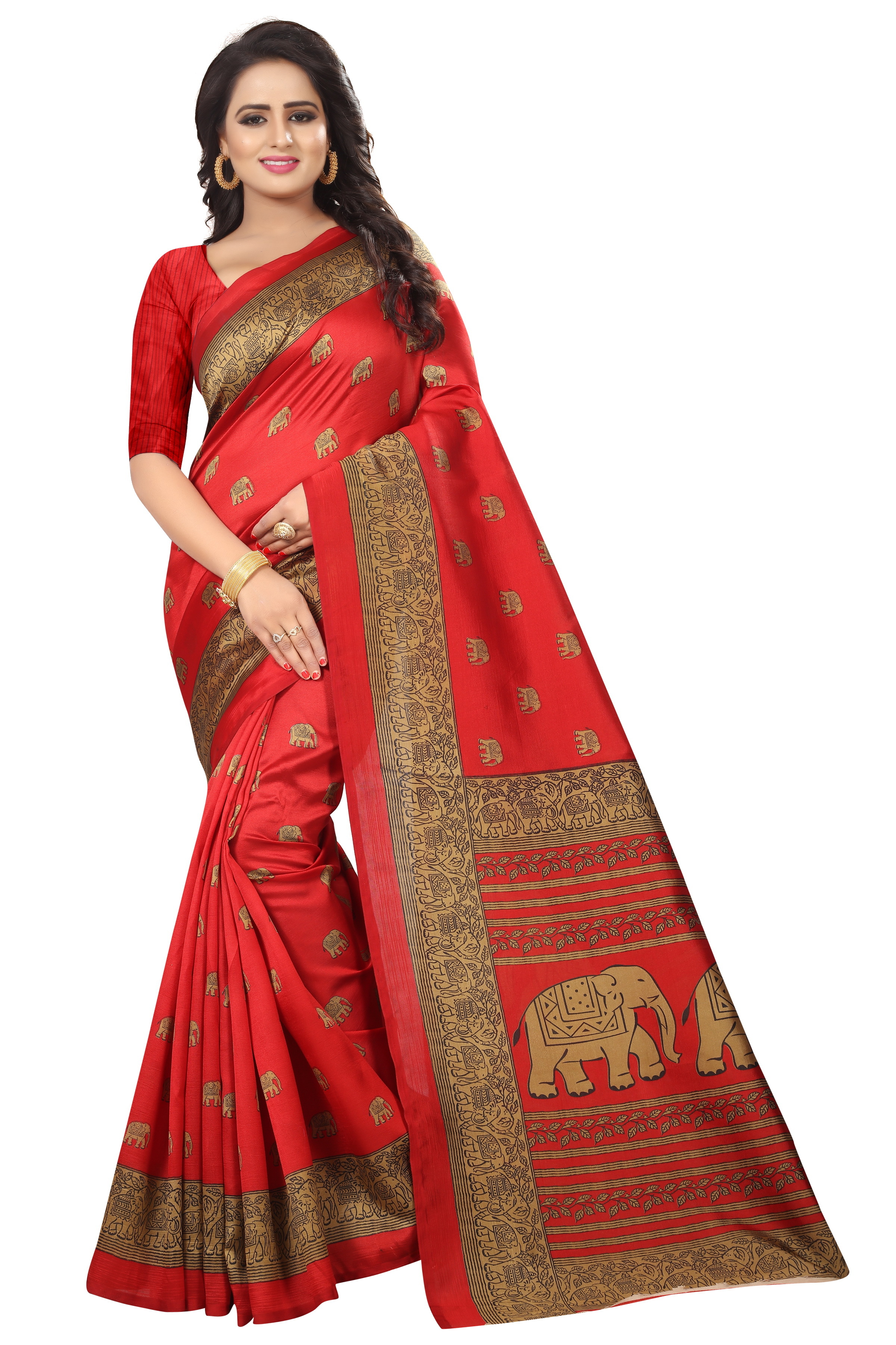 Mysore Designer Saree - Art Silk, 5.5 Mtr Length, 0.8 Mtr Blouse | Color Variants: Black, Red, Pink, Green, Mustard, Printed Pattern For All Seasons