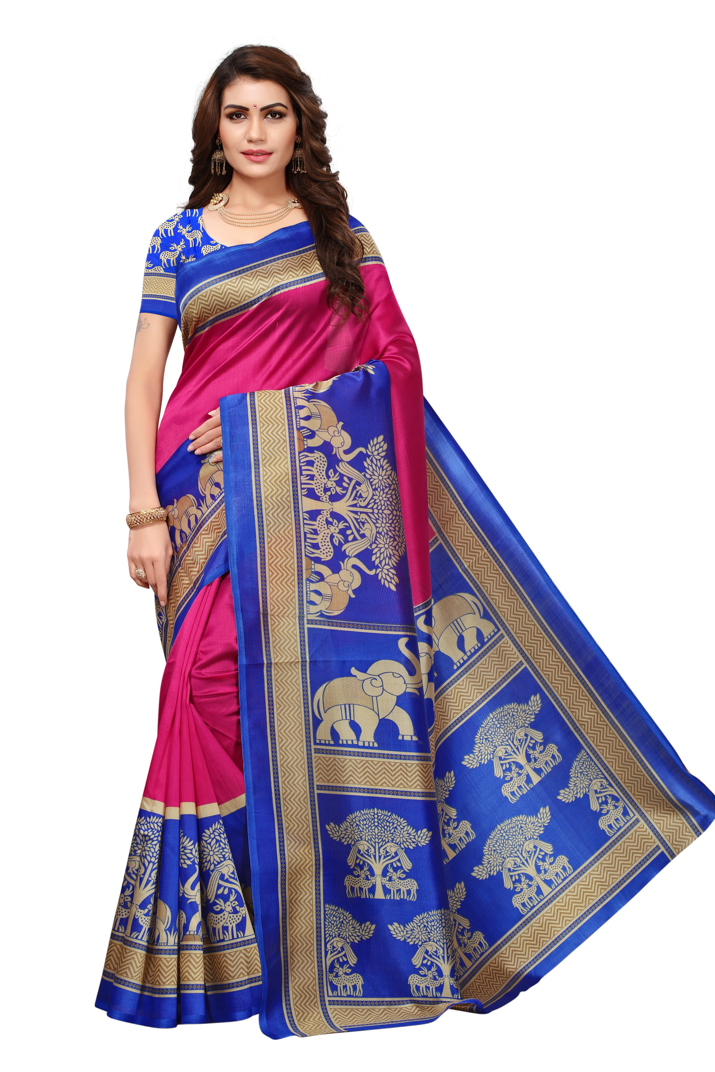 Mysore Saree - Art Silk, Length: 5.5 Mtr, Blouse Length: 0.8 Mtr | Colors: Red, Pink, Dark Pink, Yellow, Style: Printed, Seasonal: All