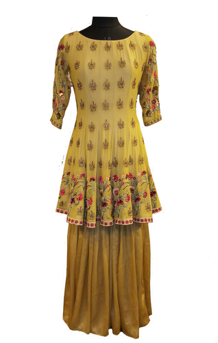 Anarkali - Georgette, 36 Inch Length, Bust 38 Inch, Gold Color | Embroidered Thread and Crystal Work, Short Sleeves, Customized Logo, All Season