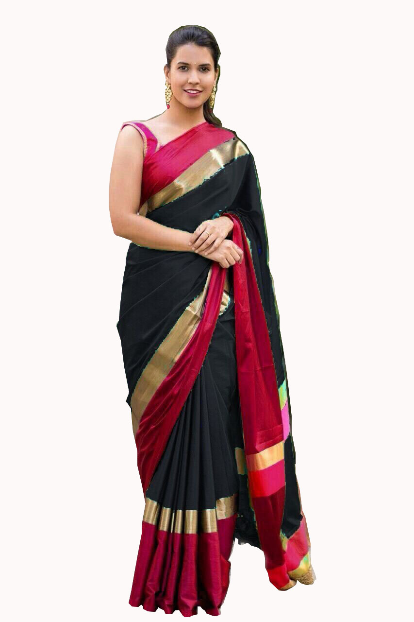Pure Cotton Silk Saree - Length: 5.5 Mtr, Blouse: 0.8 Mtr | Color Options: Black Red, Gold Pink, Blue Purple, Green Grey, Orange Blue, Fabric Type: Cotton Silk, Pattern: Plain, Suitable For All Seasons