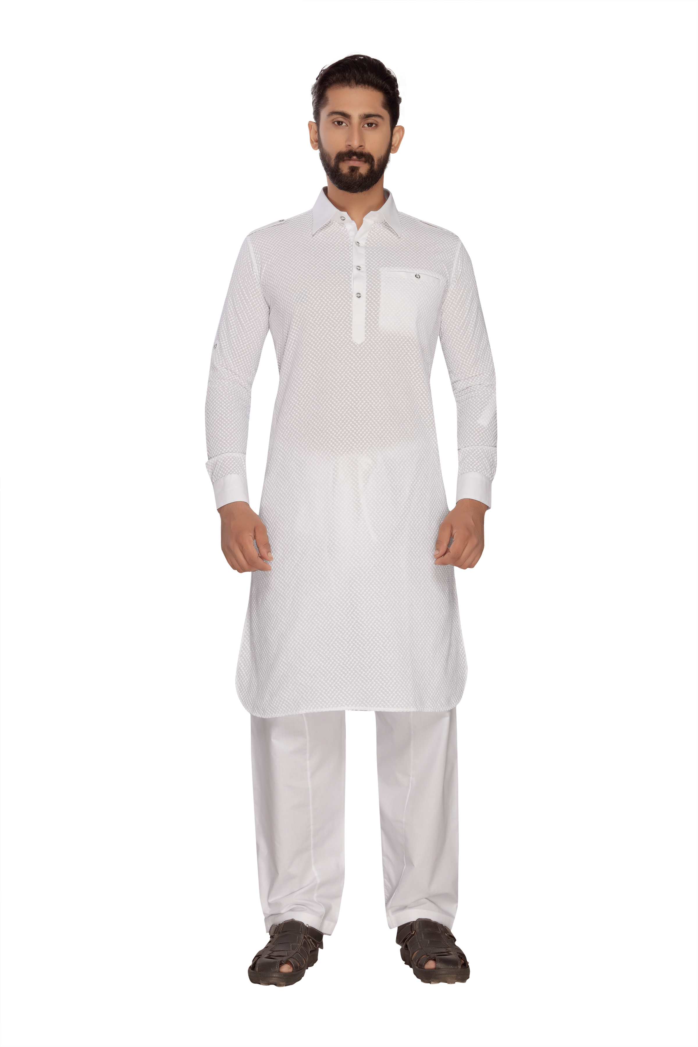 Pathani Kurta Pajama - Cotton Polly Material, Available In Sizes 38, 40, 44 | Straight Collar, Long Sleeves, Embroidered Chicken Design