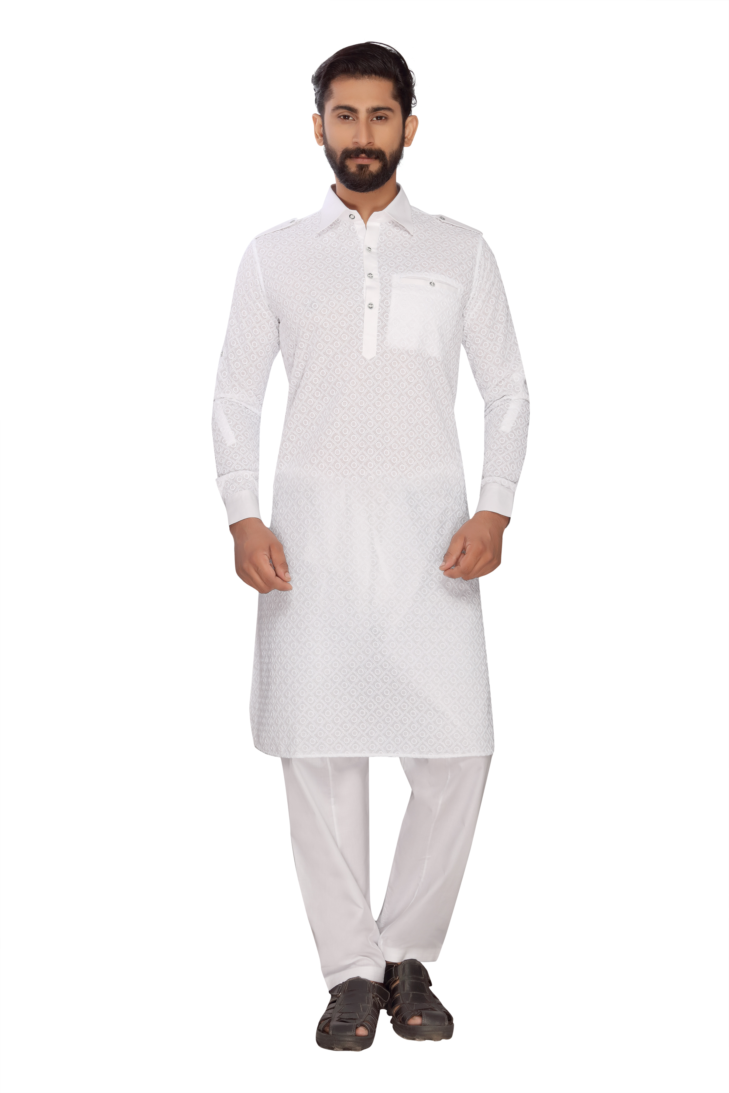 Pathani Kurta Pajama - Cotton Polly Material, Available In Sizes 38, 40, 44 | Straight Collar, Long Sleeves, Embroidered Chicken Design