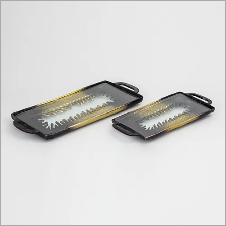 Coloured Glass Tray - Aluminium & Glass, Rectangular, Black & Gold | Silver Coated Finish, Heat Resistant, Handle