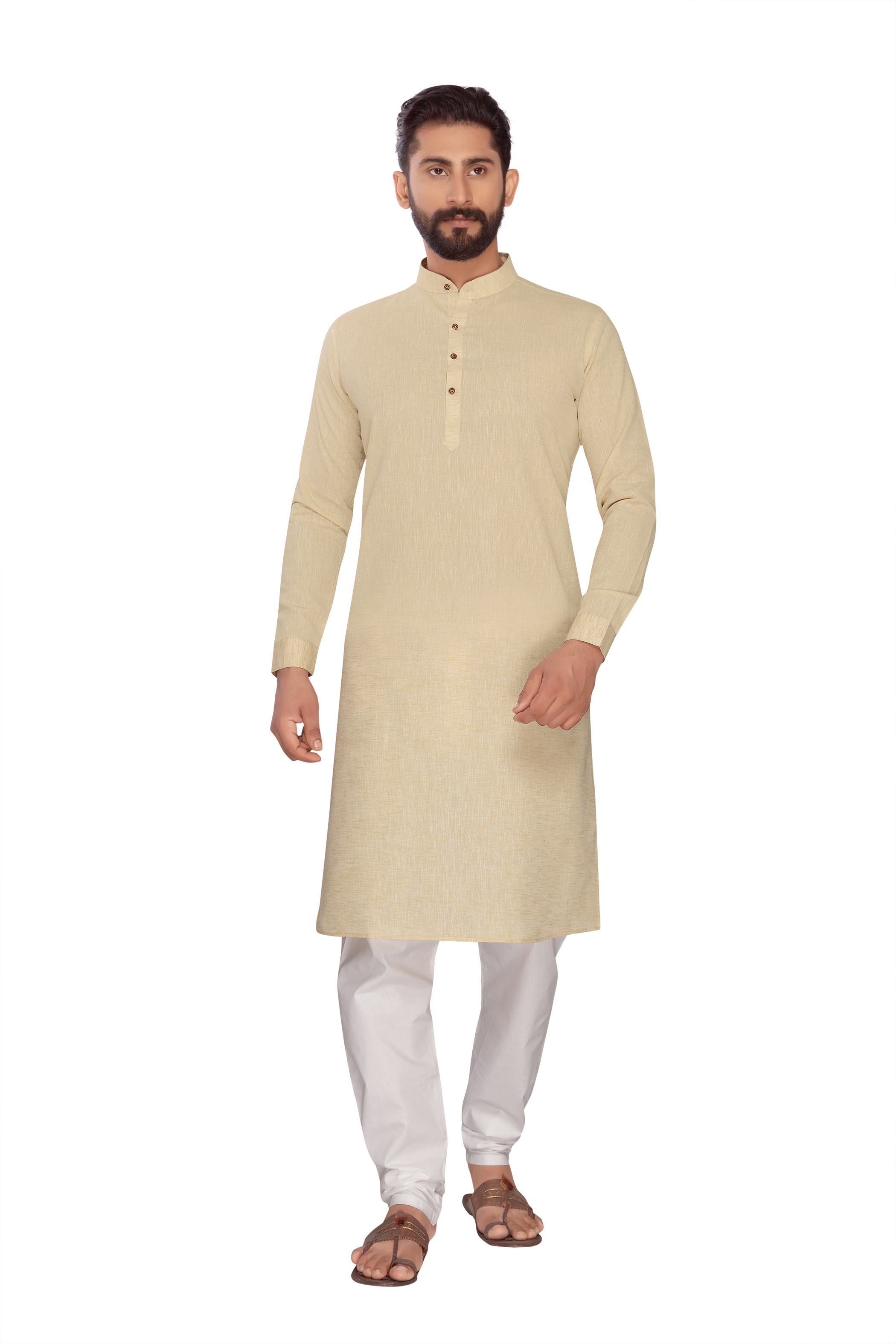 Kurta Payjama - Polly Linen, 44 Inch Length | Chicken Embroidery, Cutaway Collar, Long Sleeves, Modern Style, Washable