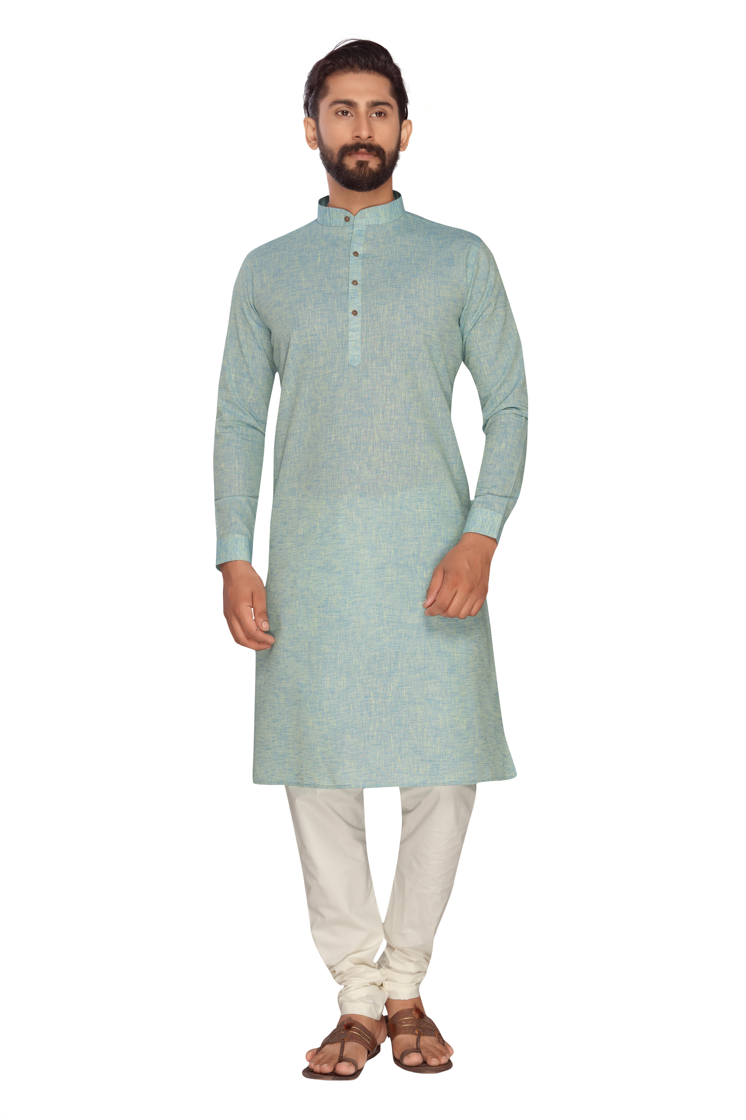 Kurta Payjama - Polly Linen, 44 Inch Length | Chicken Embroidery, Cutaway Collar, Long Sleeves, Modern Style, Washable