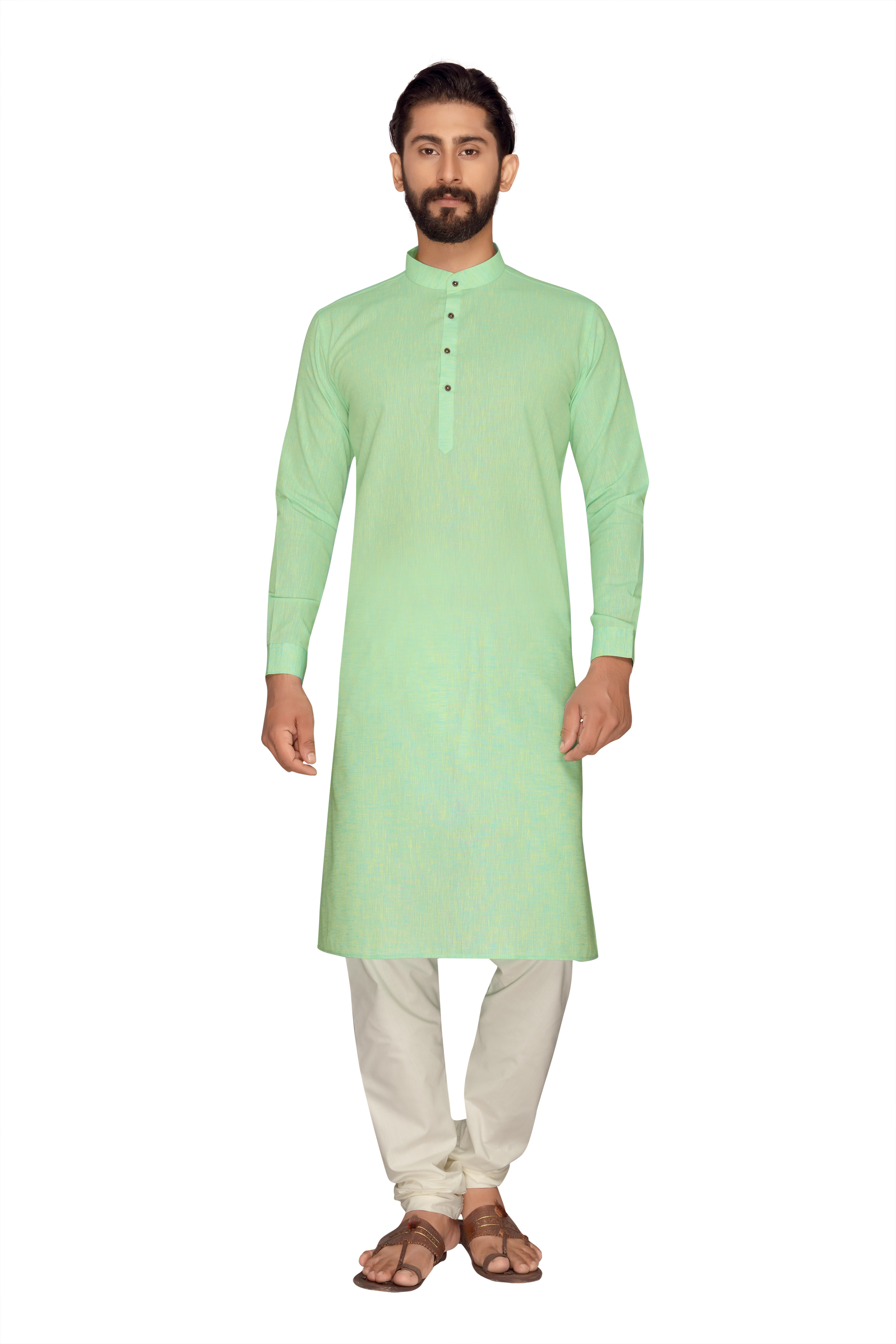 Kurta Payjama - Polly Linen, 44 Inch Length | Chicken Embroidery, Cutaway Collar, Long Sleeves, Modern Style, Washable
