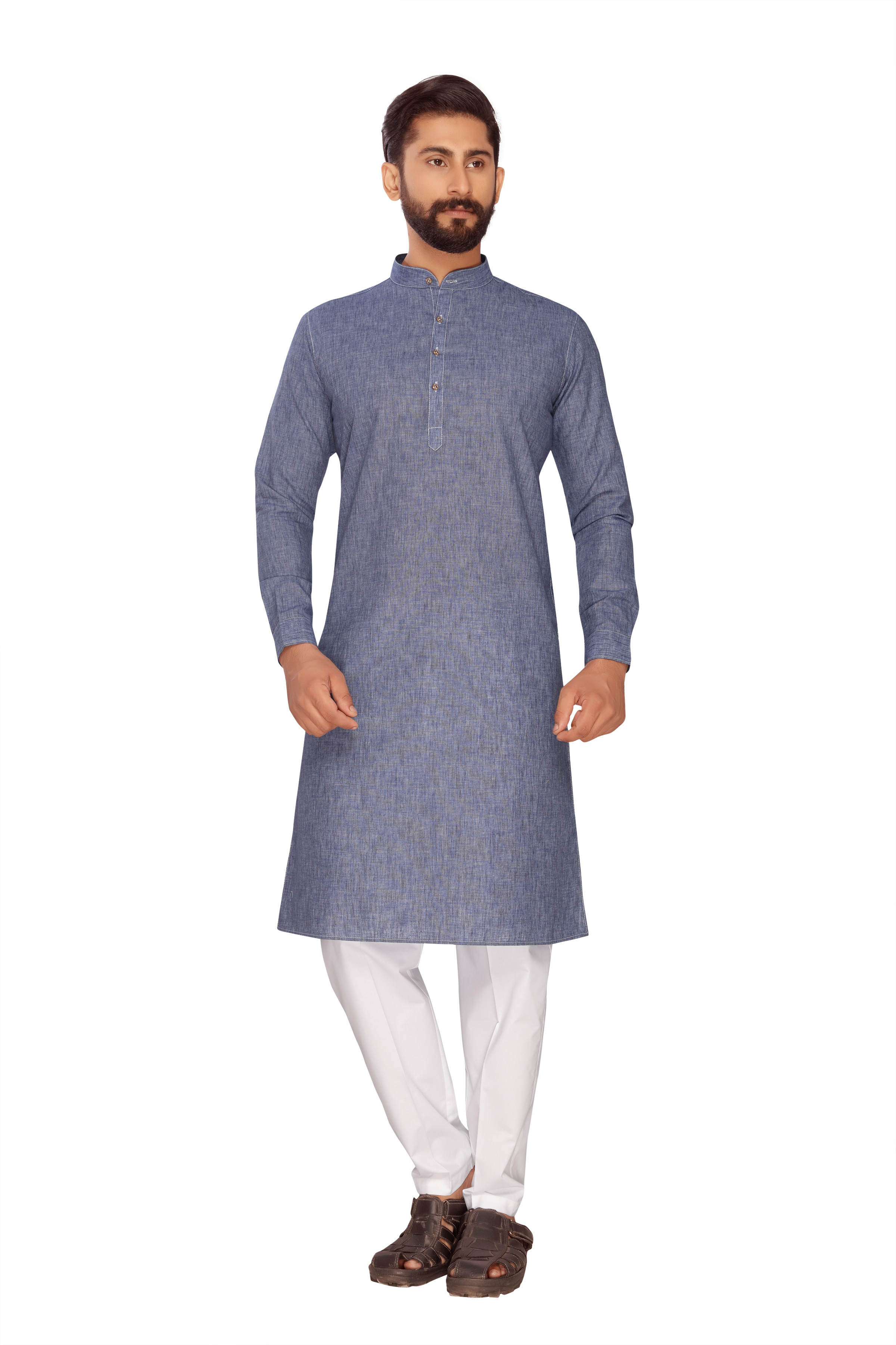 Kurta Payjama - Polly Linen, 44 Inch Length | Chicken Embroidery, Cutaway Collar, Long Sleeves, Modern Style, Washable