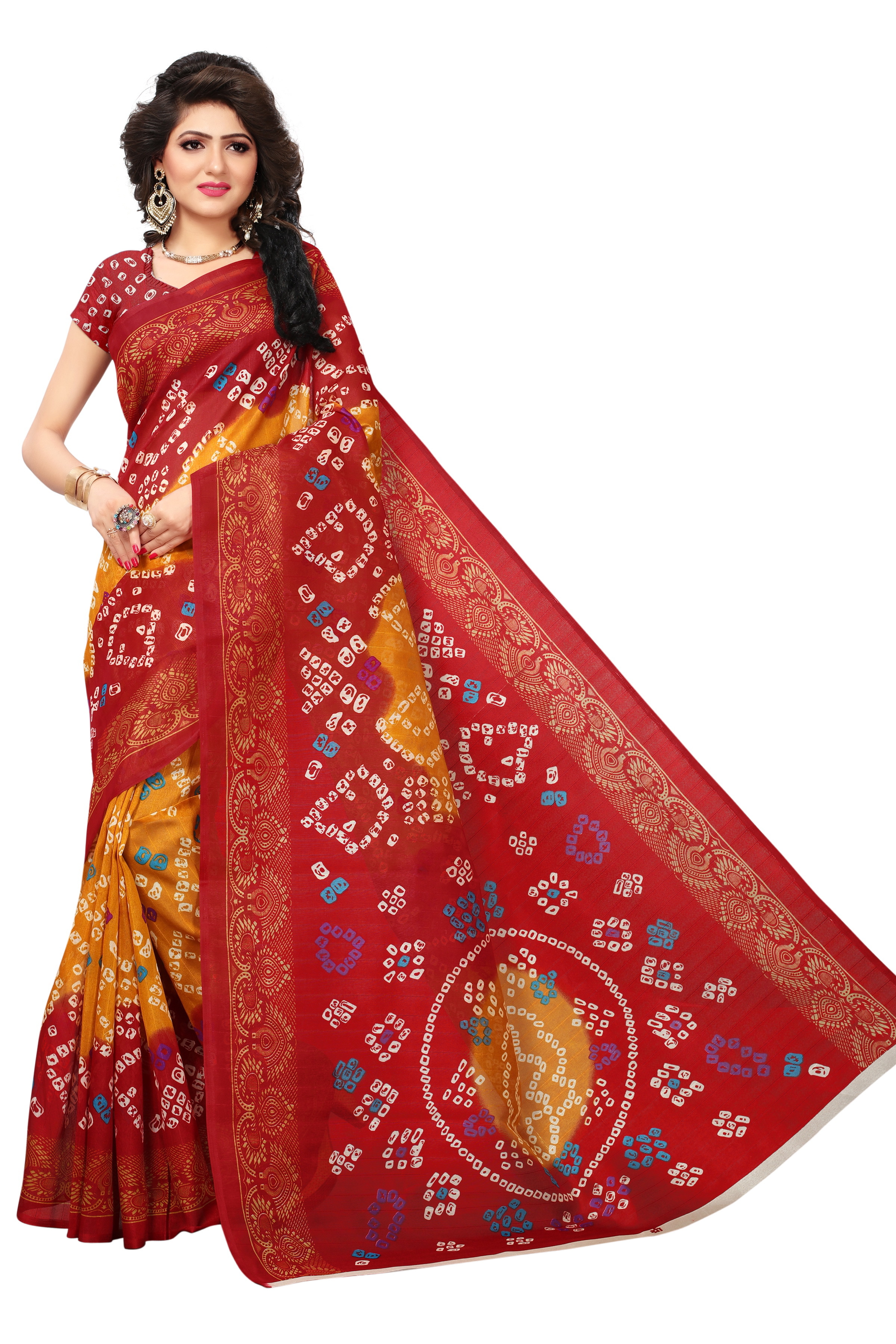 Designer Bandhani Saree - Art Silk, Length: 5.5 Mtr, Blouse Length: 0.8 Mtr | Multicolour, Printed, Stylish Bandhani Pattern