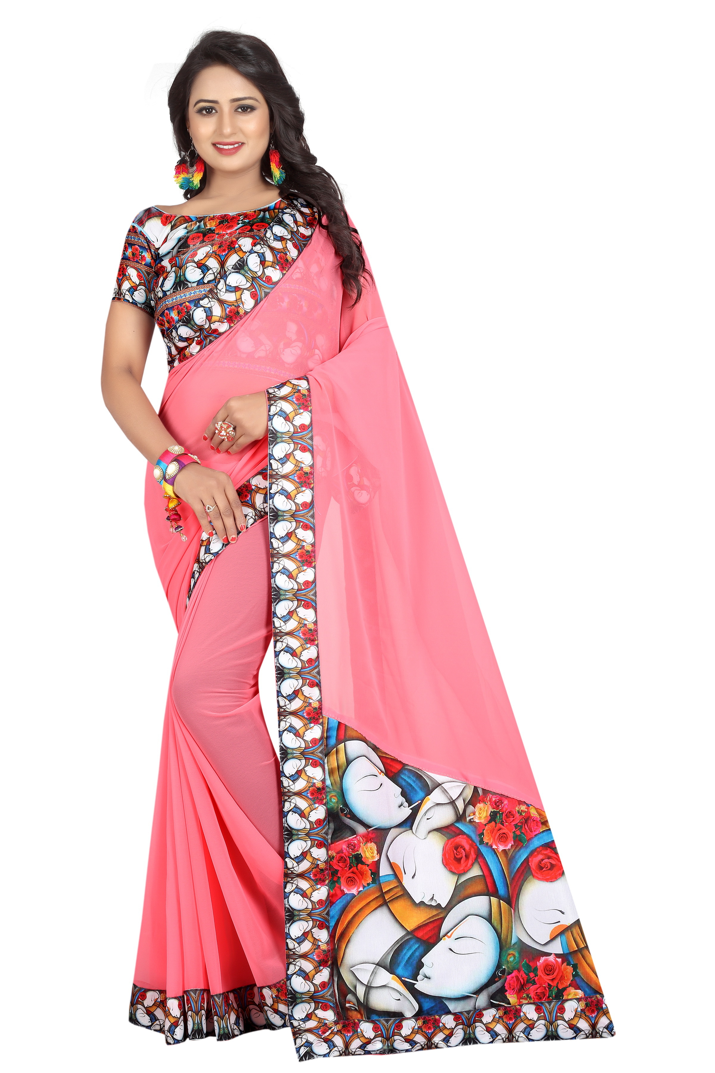 Designer Chiffon Saree - Fabric: Art Silk & Chiffon, Length: 5.5 Mtr, Blouse Length: 0.8 Mtr | Style: Printed, Colors: Multy-color, Red, Yellow, Brown, Orange, Green