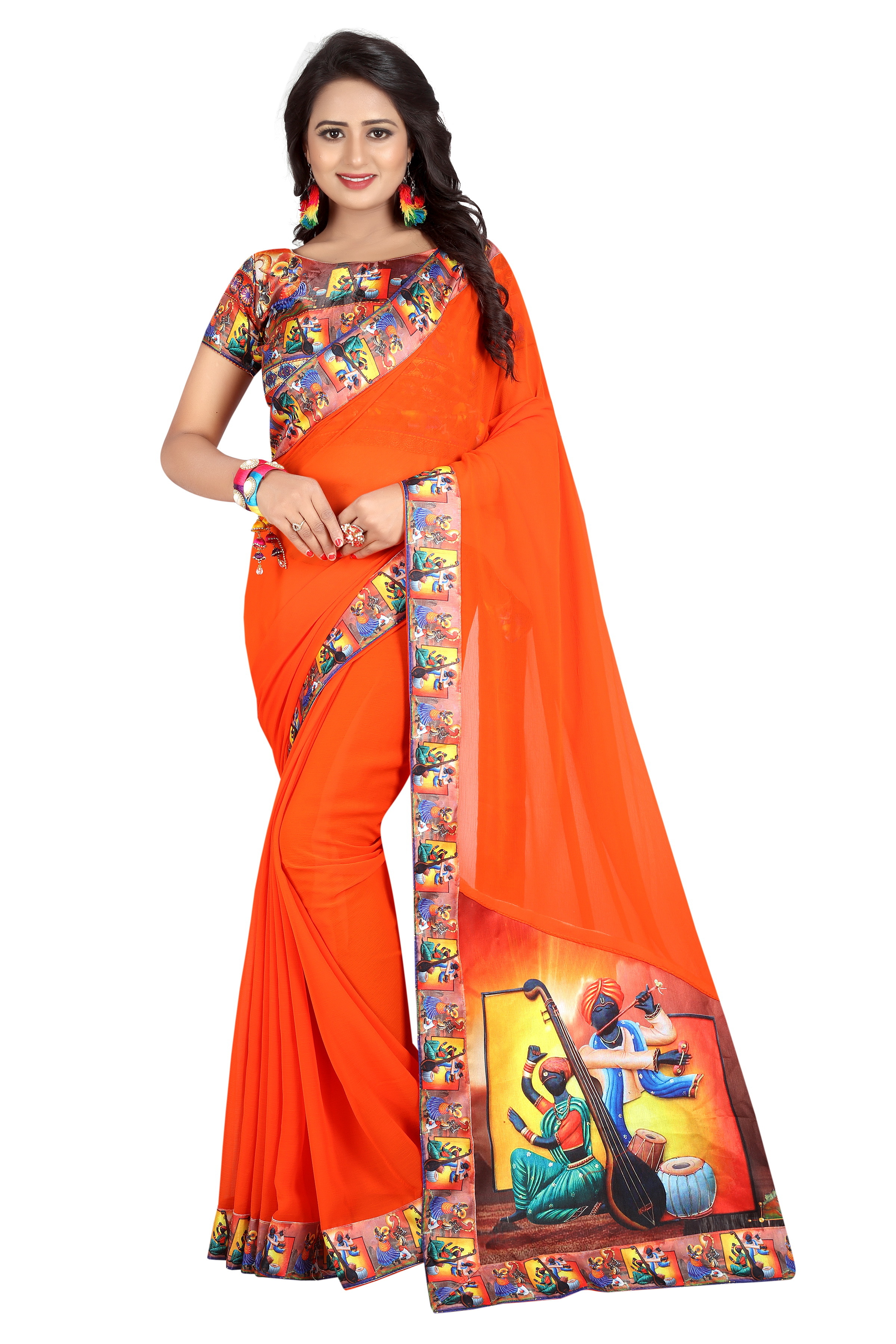 Designer Chiffon Saree - Fabric: Art Silk & Chiffon, Length: 5.5 Mtr, Blouse Length: 0.8 Mtr | Style: Printed, Colors: Multy-color, Red, Yellow, Brown, Orange, Green