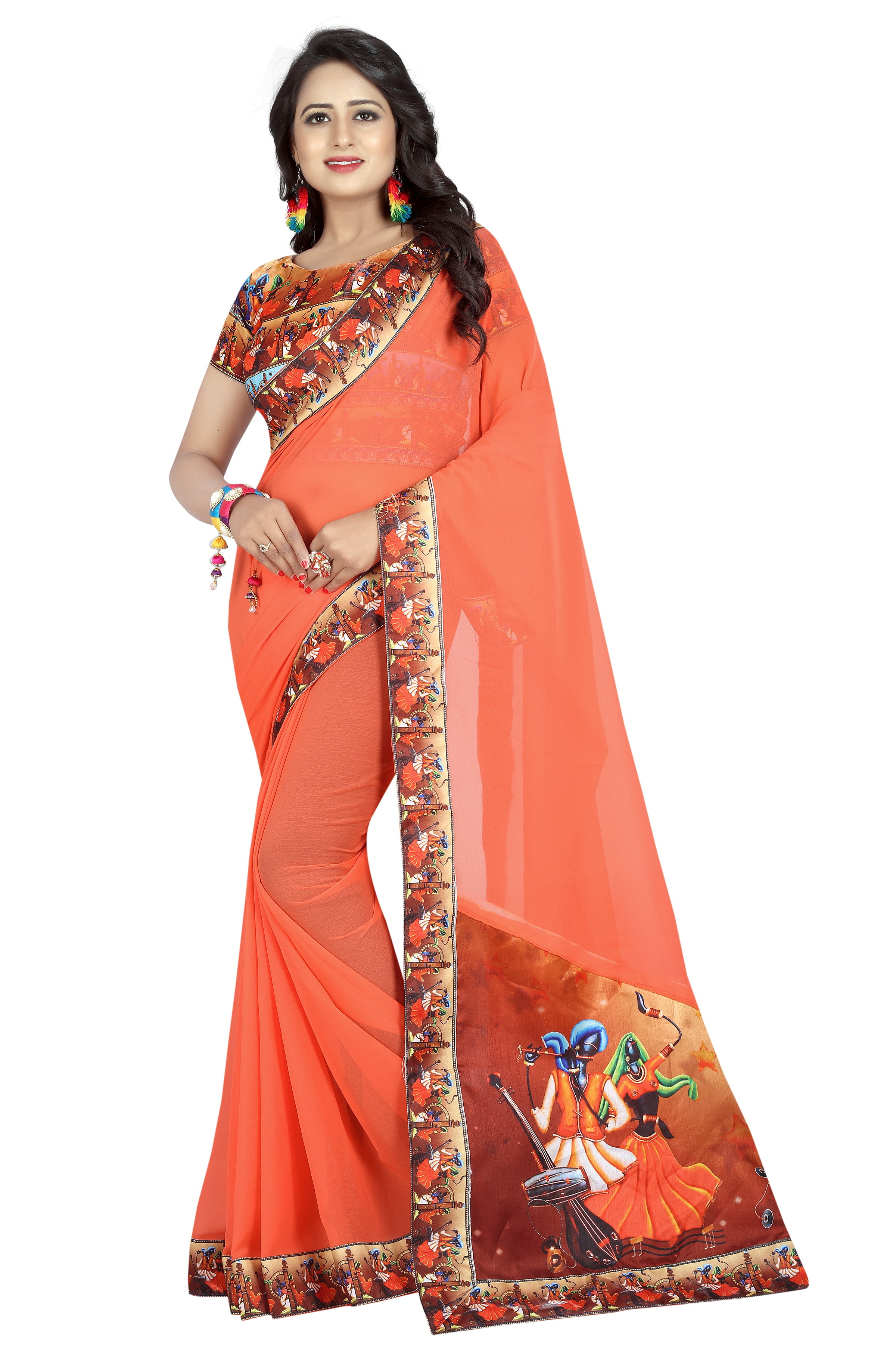 Designer Chiffon Saree - Fabric: Art Silk & Chiffon, Length: 5.5 Mtr, Blouse Length: 0.8 Mtr | Style: Printed, Colors: Multy-color, Red, Yellow, Brown, Orange, Green