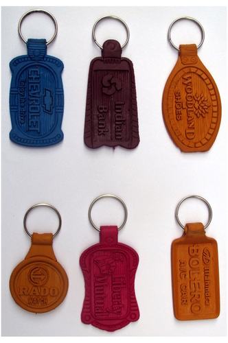 Leather Keychains - Various Dimensions , Brown Rectangular Shape with Embossed Printing and Light Weight Metal Ring