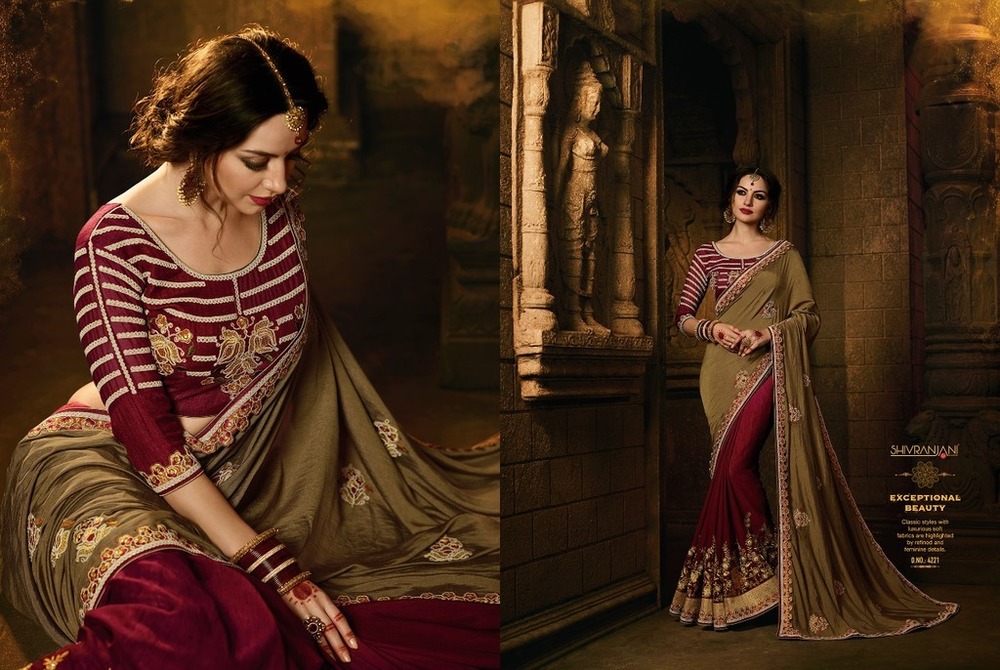 Maroon And Golden Designer Festival Sarees