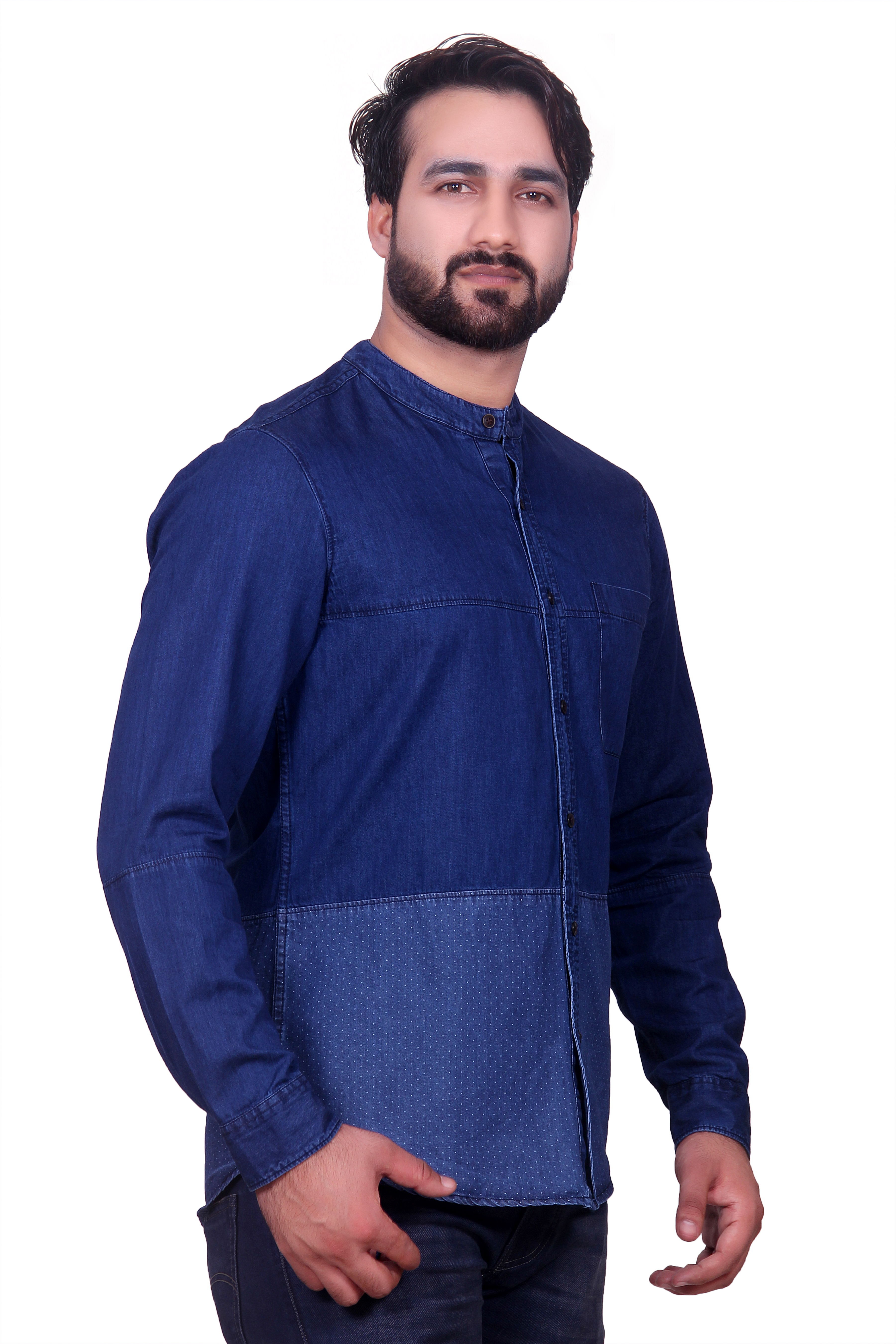 Men's Casual Denim Shirt - 100% Premium Cotton, Modern Slim Fit, Blue Plaid, Full Sleeve, Dry Clean & Washable