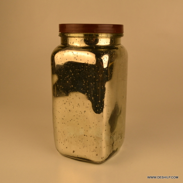 Glass Mosaic Display Jar - 41x22 Cm, Polished Golden Finish With Lid And Elegant Rectangle Shape