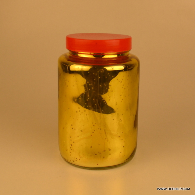 Glass Jar With Lid - 41x22 Cm | Polished Golden Finish, Handmade Mosaic Design, Ideal For Spices And Seasonings