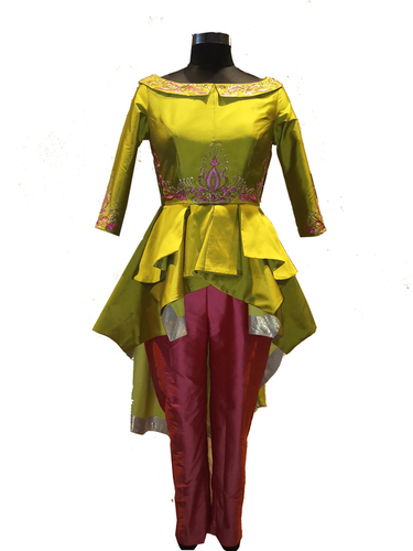 Peplum - Taffeta, Bust 38 In, Hip 40 In, Waist 32 In, Length 36 In - Telephonic Thread Embroidery, Full Sleeves, Asymmetrical Fall, Contrast Trouser, All Season