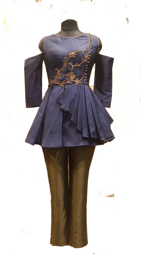 Peplum Dress - Taffeta, Customized Size 38 Bust & 32 Waist | Navy Blue, Beaded Embroidery, Short Sleeves, Dry Clean Only