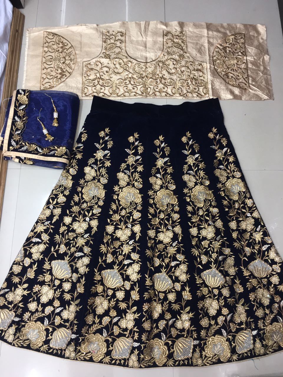 Cofee Navy Blue Velvet Embroidered Lehenga Set With Blue Net Dupatta.