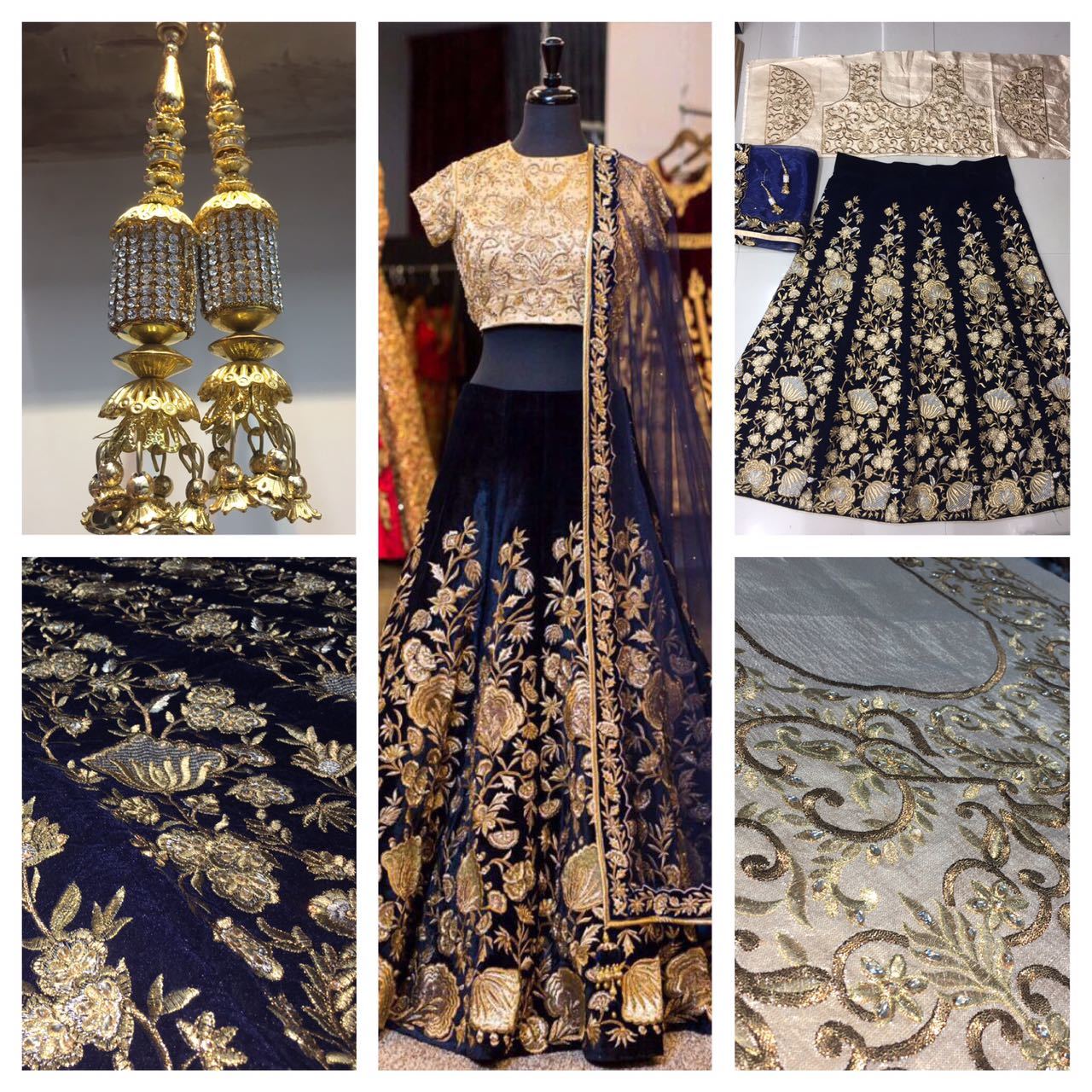 Cofee Navy Blue Velvet Embroidered Lehenga Set With Blue Net Dupatta.