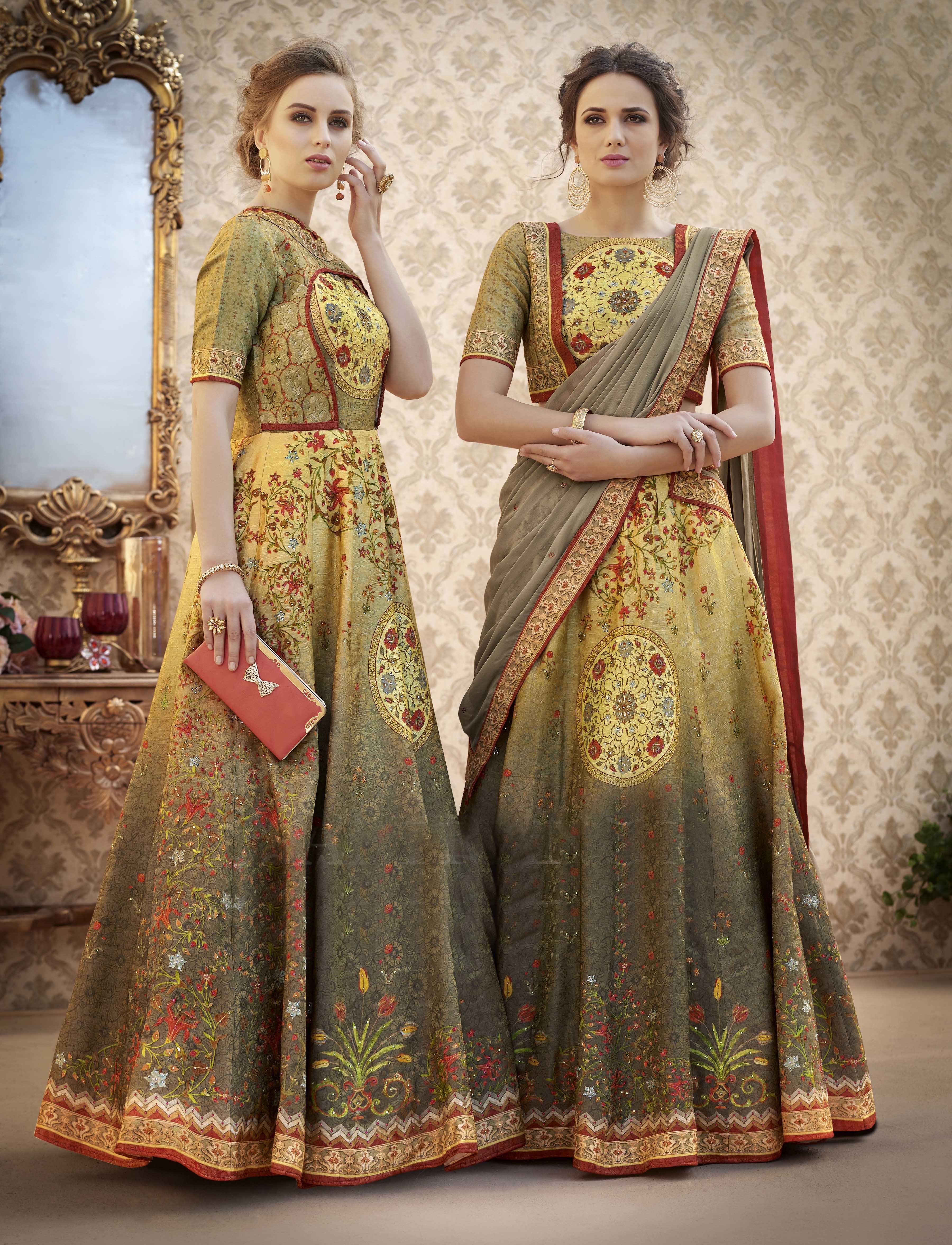Heavy Designer Digital Gown & Lehenga - Pure Spardex Natural Silk | Semi-stitched, Classic Ethnic Style, Custom Size, Modern Heavy Digital Print With Stone Work, Luxurious Pure Chiffon Silk Dupatta