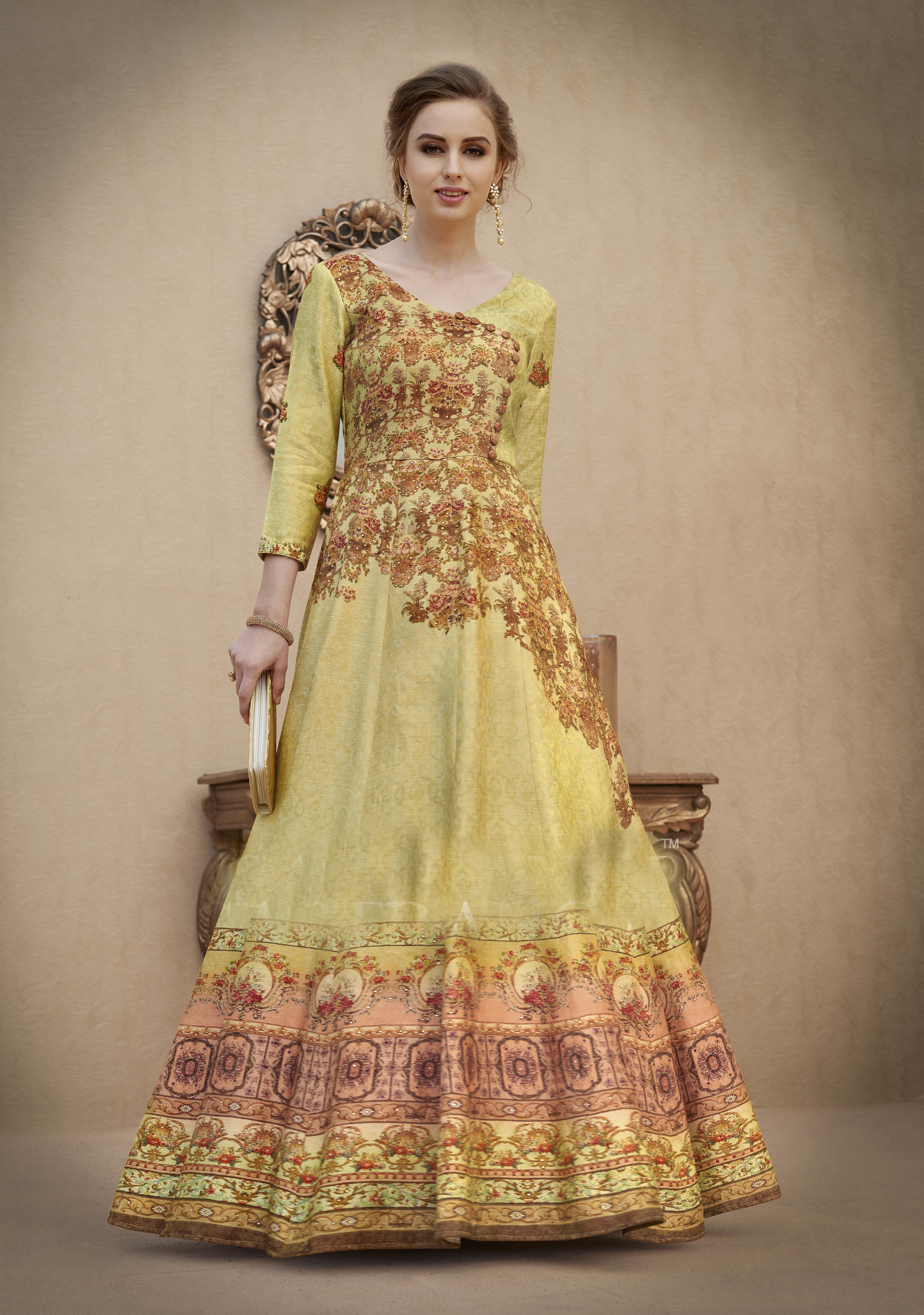Heavy Designer Digital Gown & Lehenga - Pure Spardex Natural Silk | Semi-stitched, Classic Ethnic Style, Custom Size, Modern Heavy Digital Print With Stone Work, Luxurious Pure Chiffon Silk Dupatta