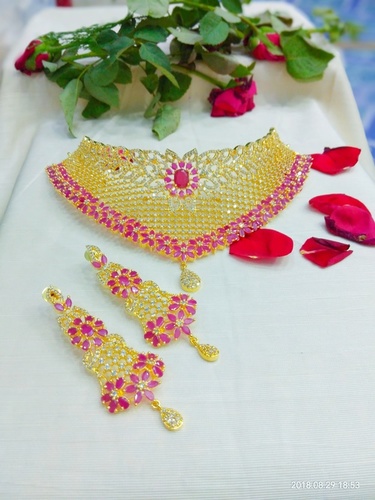 Ethnic Choker Necklace Set - Brass with American Diamond, Red & White Colors | Gold Plating, Exquisite Finishing for Women