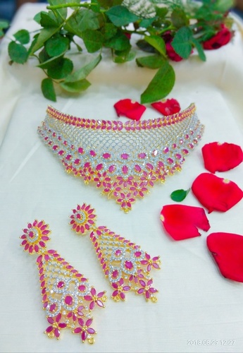 Red & White Stone Work Choker Necklace Set