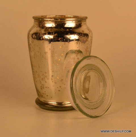 Big Glass Jar - Glass & Metal, 15.5x10 cm, Golden Color with Silver Polished Finish | 100% Handmade Elegance for Home and Commercial Decor