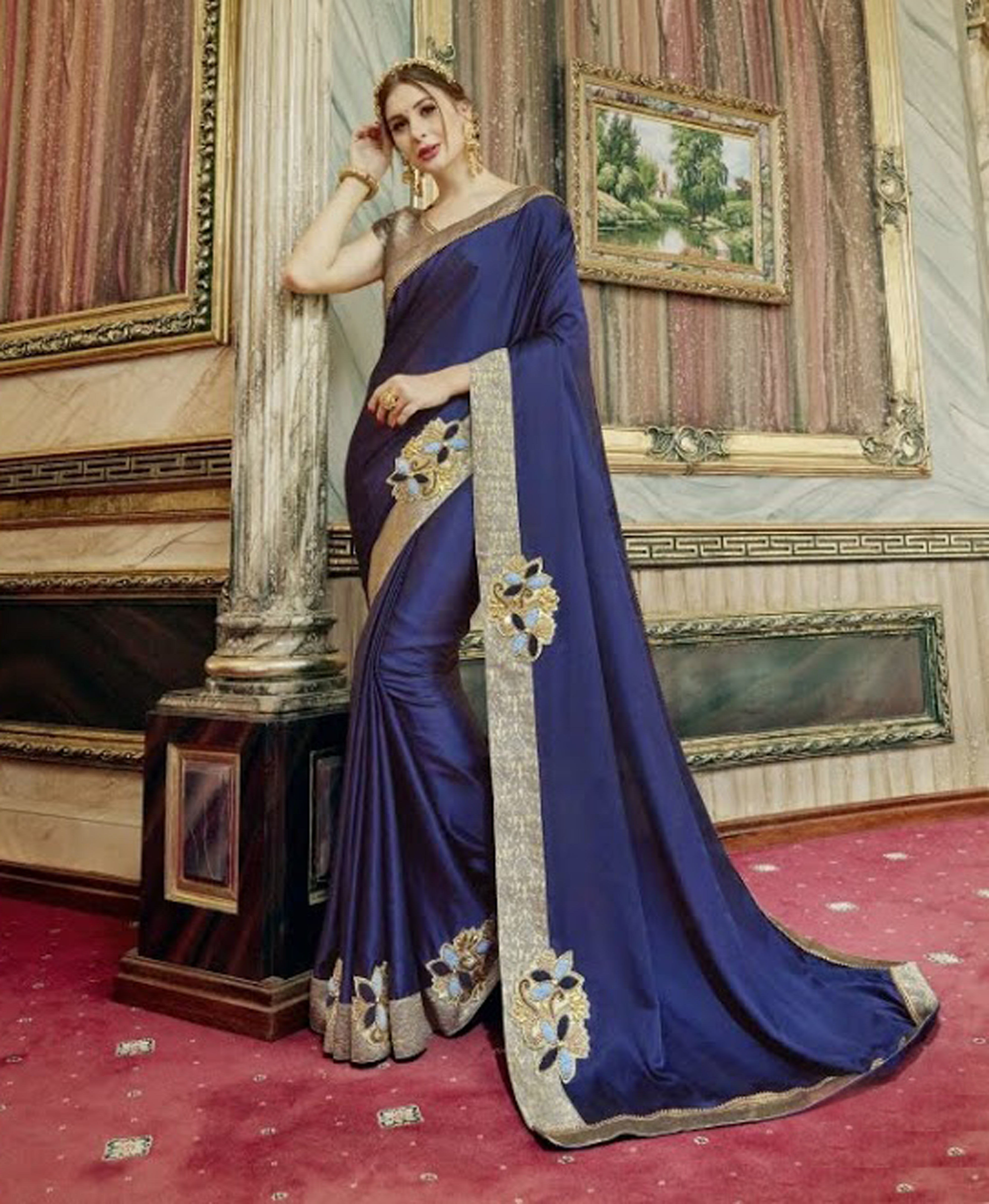 Designer Saree - Georgette/chifforn, Customized Size, Embroidered Pattern With Stone Work | Ethnic Indian Dress, Dry Clean Only
