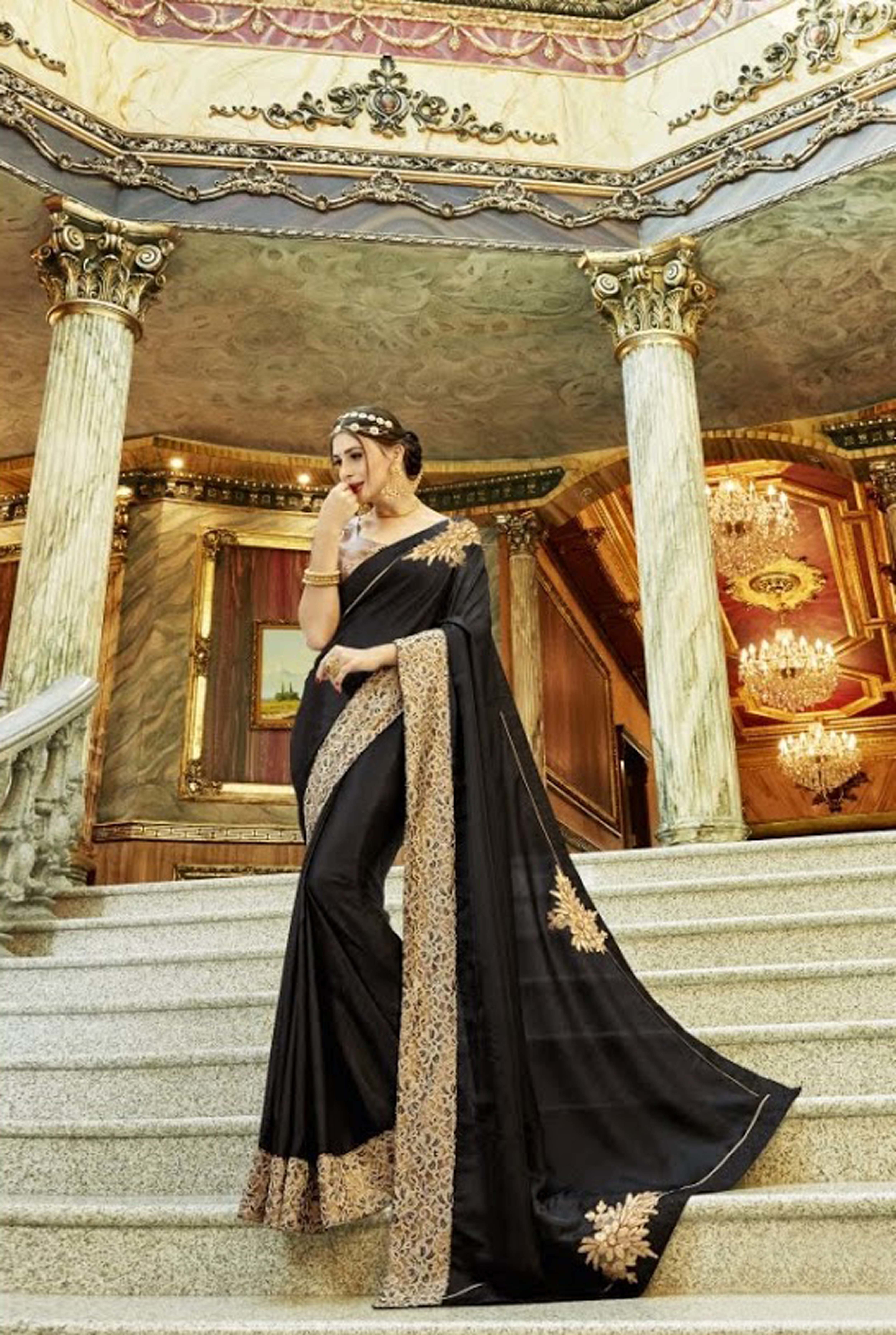 Designer Saree - Georgette/chifforn, Customized Size, Embroidered Pattern With Stone Work | Ethnic Indian Dress, Dry Clean Only