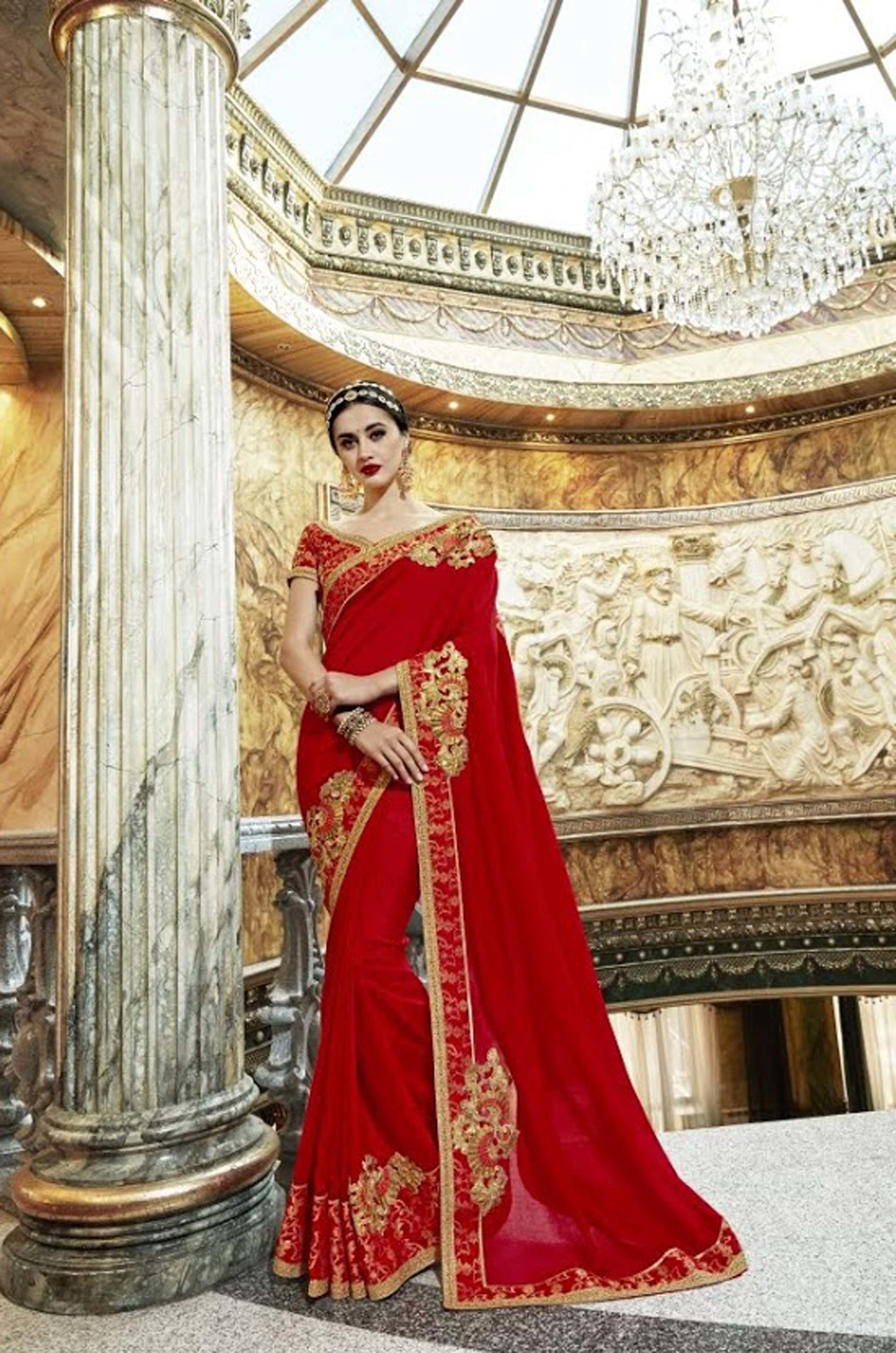 Designer Saree - Georgette/chifforn, Customized Size, Embroidered Pattern With Stone Work | Ethnic Indian Dress, Dry Clean Only