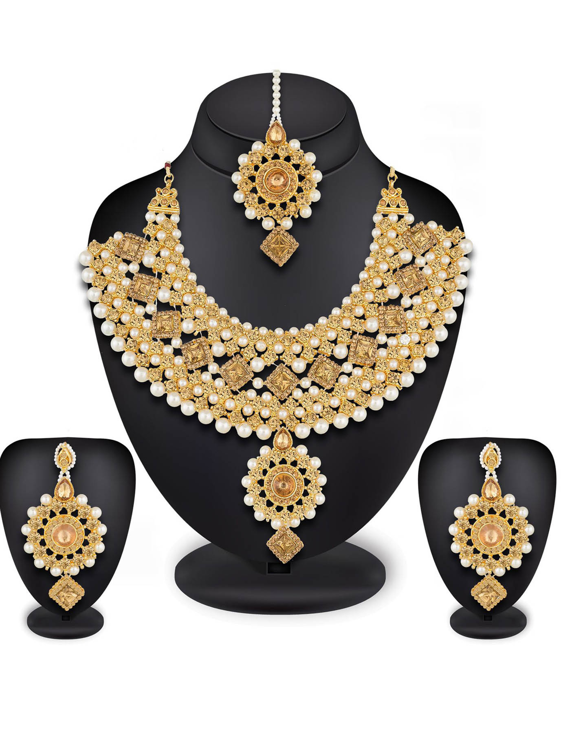 Imitation Jewellery Necklace Set - American Diamond 18 Inches Length Gold Color | Elegant Pendant 2 Inches Stylish 1 Inch Earrings Lightweight 100 Grams Secure Hook Closure