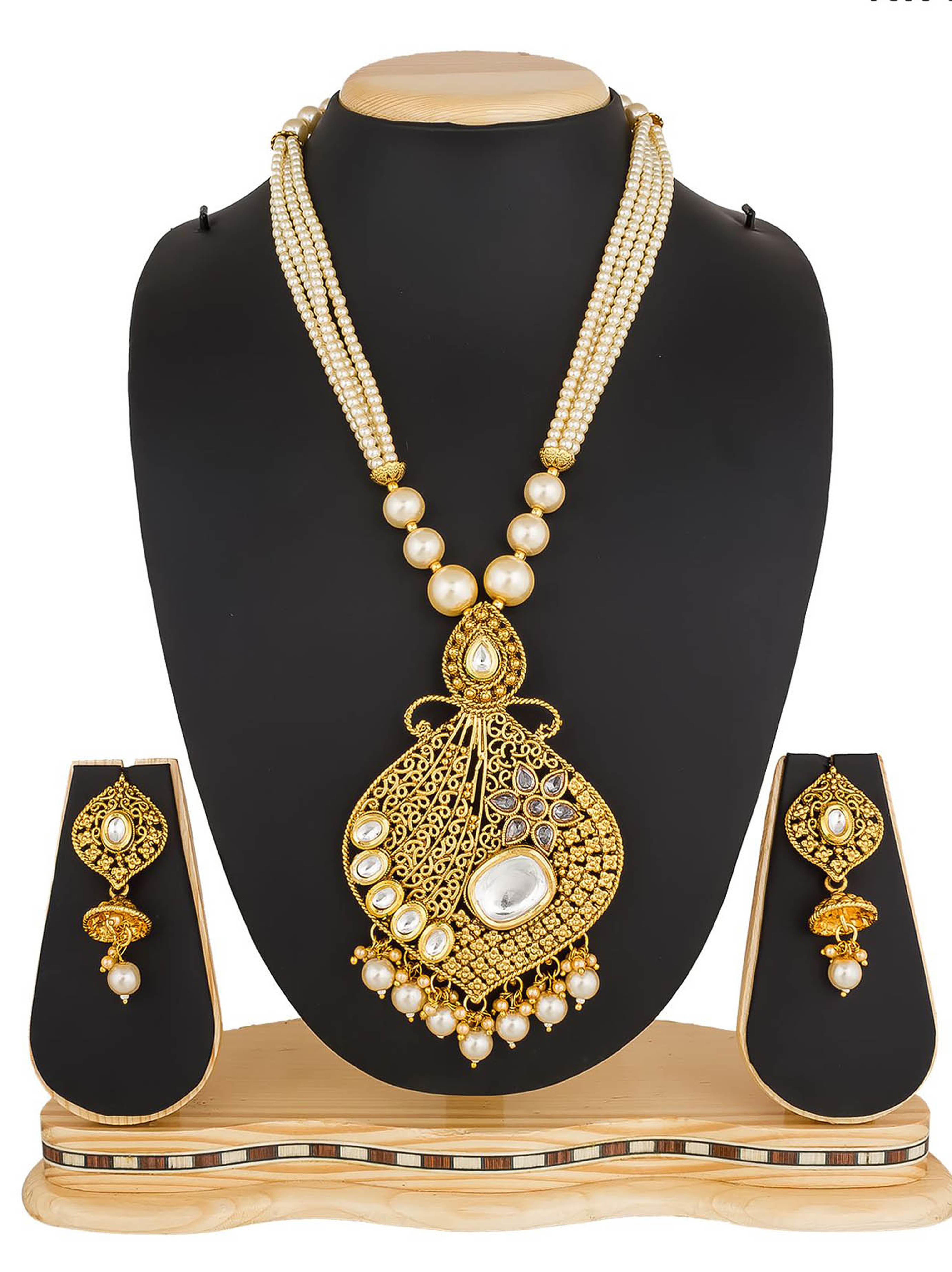 Imitation Jewellery Necklace Set - American Diamond 18 Inches Length Gold Color | Elegant Pendant 2 Inches Stylish 1 Inch Earrings Lightweight 100 Grams Secure Hook Closure