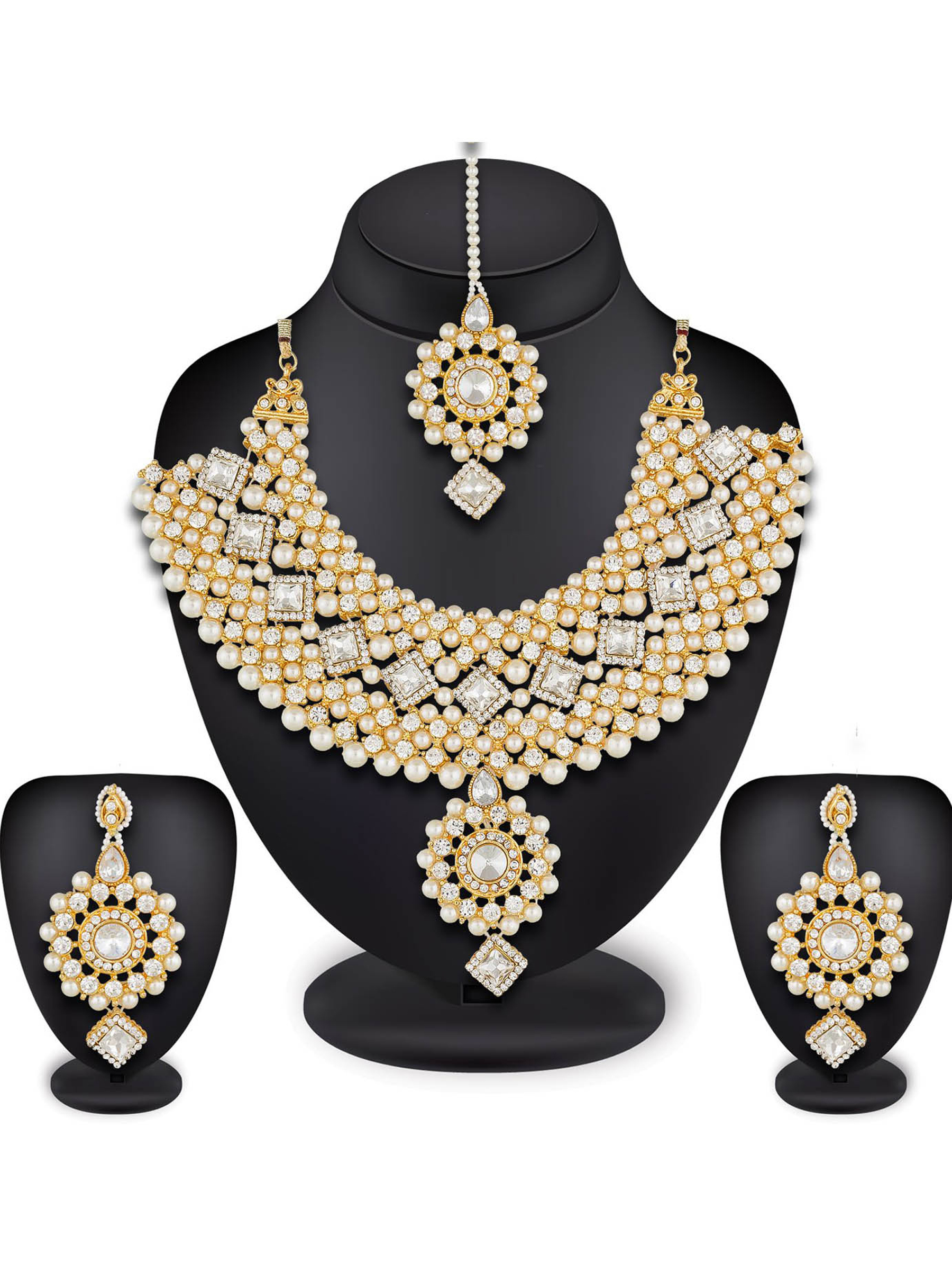 Imitation Jewellery Necklace Set - American Diamond 18 Inches Length Gold Color | Elegant Pendant 2 Inches Stylish 1 Inch Earrings Lightweight 100 Grams Secure Hook Closure