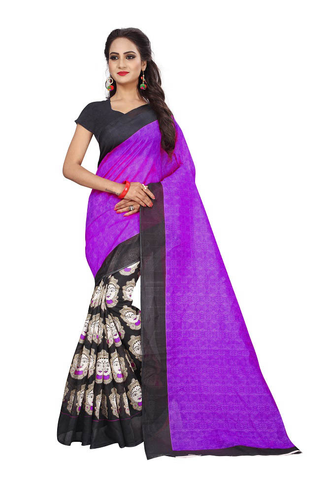 Bhagalpuri Print Sarees - Bhagalpuri Silk, 5.5 Mtr Length, Blouse 0.8 Mtr | Orange Art Silk, Printed Pattern For Elegant Styling