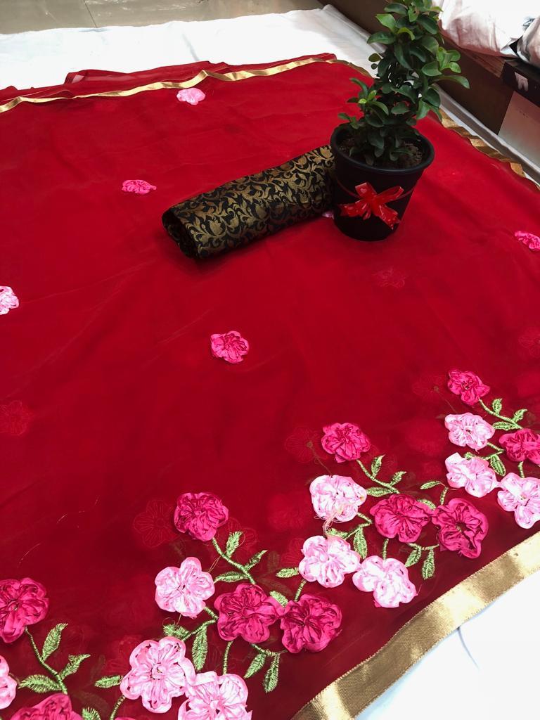Multicolor Pure Georgette Saree With Ribbon Work With Silk Blouse (Dnhsilk15)