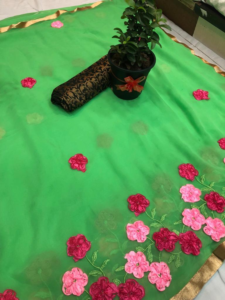 Multicolor Pure Georgette Saree With Ribbon Work With Silk Blouse (Dnhsilk15)