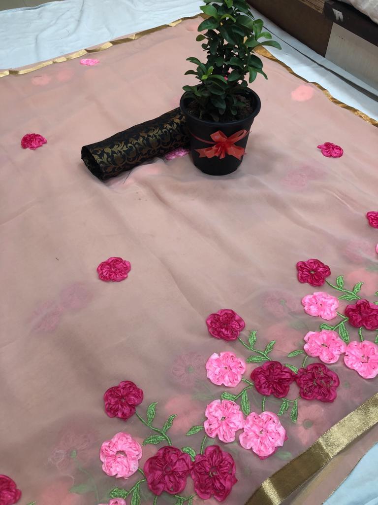 Multicolor Pure Georgette Saree With Ribbon Work With Silk Blouse (Dnhsilk15)