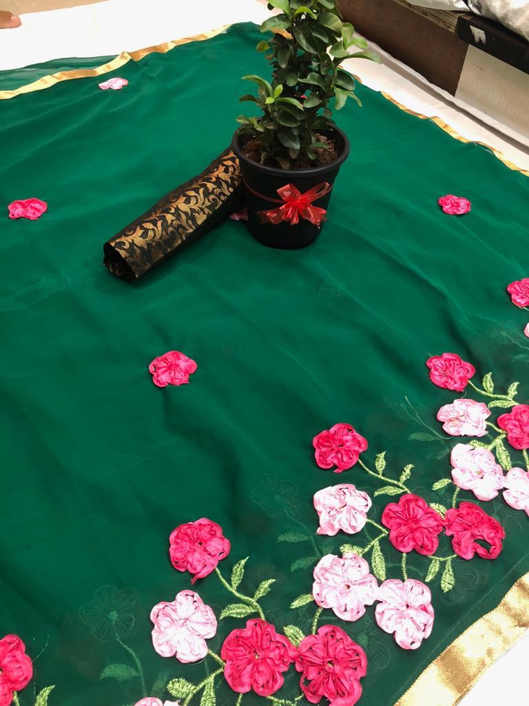 Multicolor Pure Georgette Saree With Ribbon Work With Silk Blouse (Dnhsilk15)