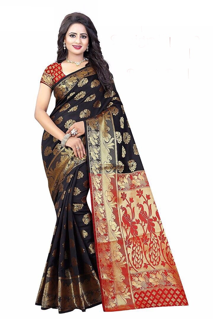 Banarasi Silk Saree - 5.5 Mtr Length, 0.8 Mtr Blouse | Navy Blue, Black, Purple, Red, Brown, Sky Blue, Green, Art Silk, Printed Pattern, Suitable For All Seasons