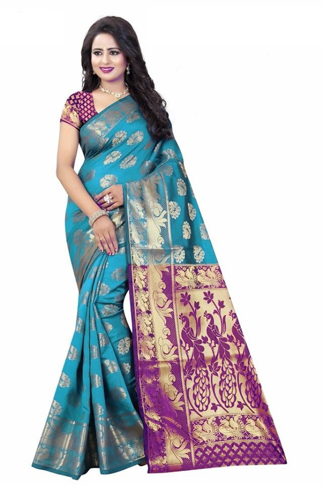 Banarasi Silk Saree - 5.5 Mtr Length, 0.8 Mtr Blouse | Navy Blue, Black, Purple, Red, Brown, Sky Blue, Green, Art Silk, Printed Pattern, Suitable For All Seasons