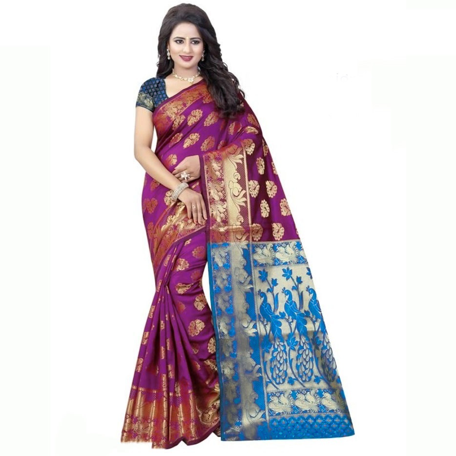 Banarasi Silk Saree - 5.5 Mtr Length, 0.8 Mtr Blouse | Navy Blue, Black, Purple, Red, Brown, Sky Blue, Green, Art Silk, Printed Pattern, Suitable For All Seasons